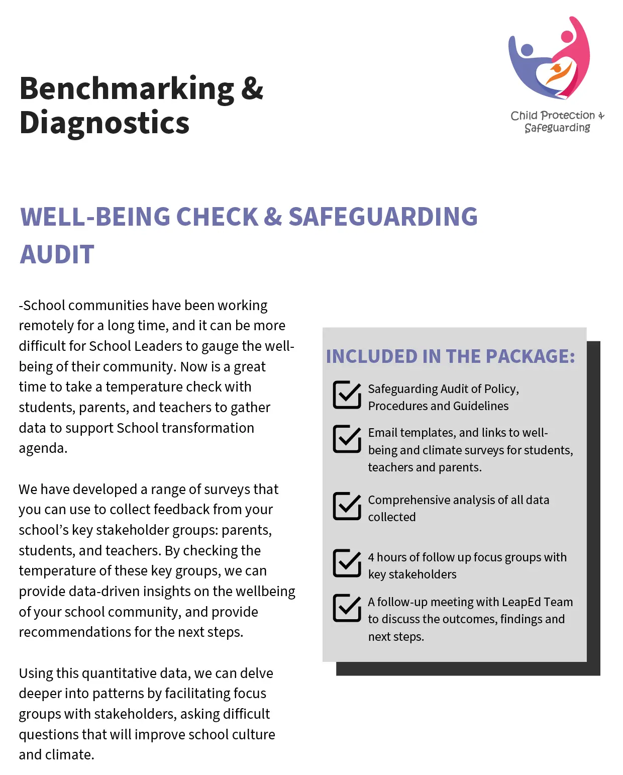 Benchmarking and Diagnostics service sheet: well-being check and safeguarding audit