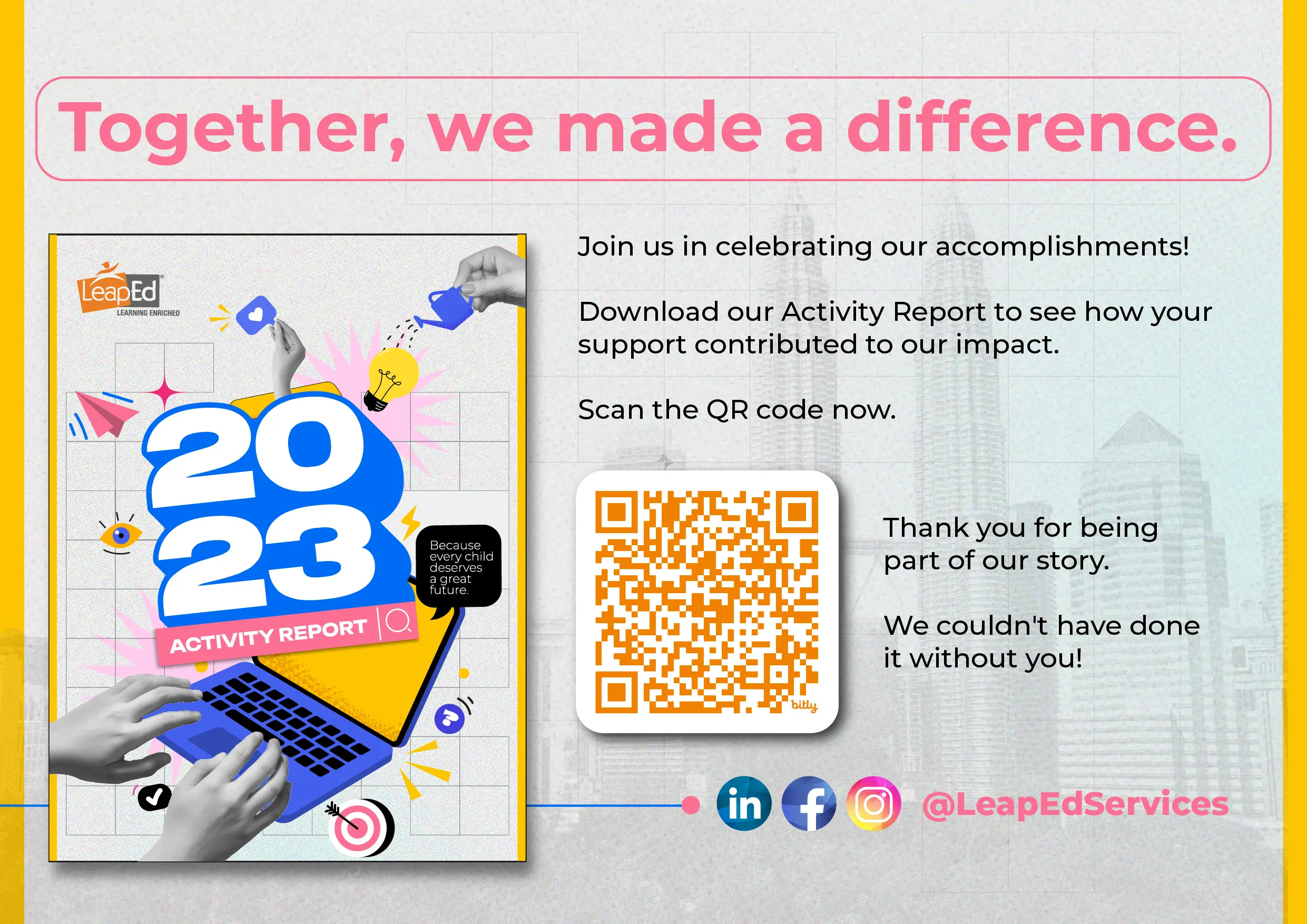 Together, we made a difference: a postcard thanking supporters, with a QR code to download the Activity Report 2023
